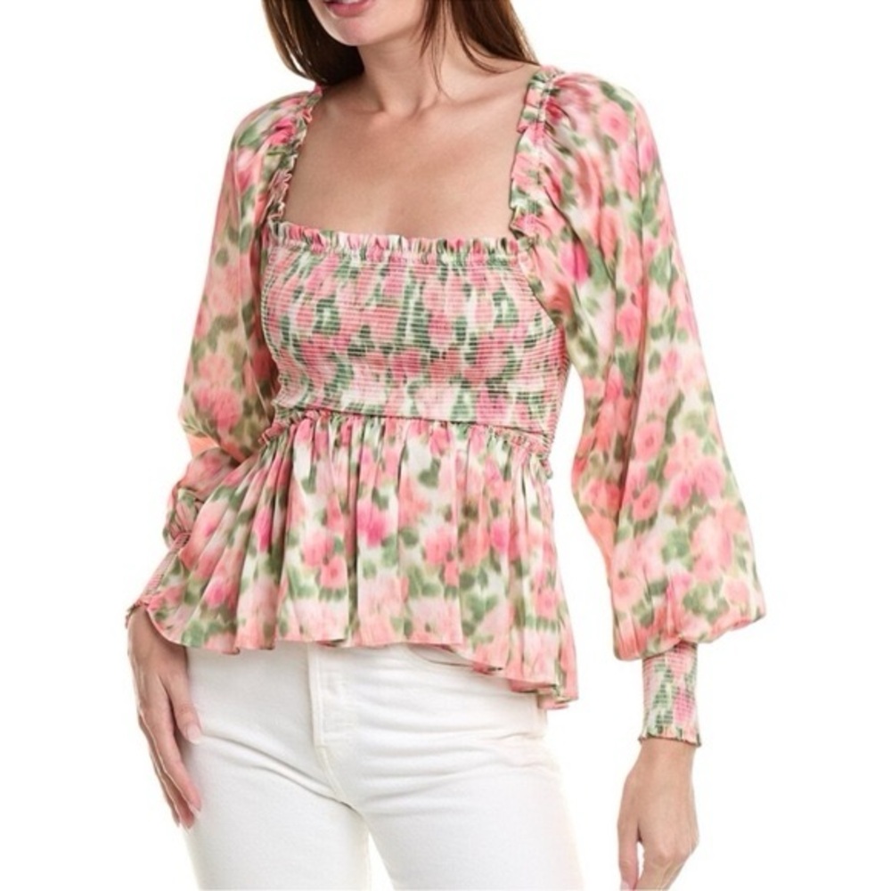 Rachel Parcell Pink & Green Floral Smocked Peplum Blouse
